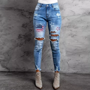 Damen USA Flagge Stern Druck Zerrissene Skinny Jeans Hohe Taille Distressed Gewaschen Denim Hose Hellblau Streetwear Stretch Jeans