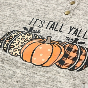 Women's grey fall hoodie featuring three patterned pumpkins and IT'S FALL Y'ALL text