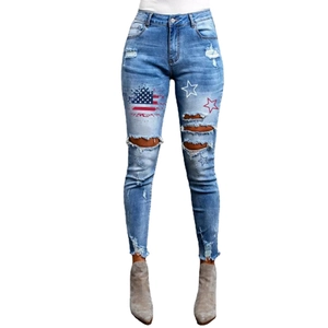 Damen Jeans mit weitem Bein, US-Flaggen-Print und modischen Rissen im Destroyed-Look