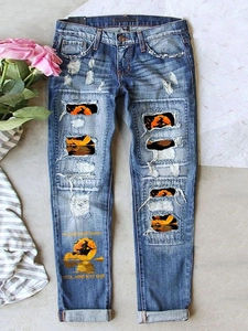 Women Distressed Ripped Denim Jeans Witch Moon Print Halloween Streetwear Vintage High Waist Straight Leg Washed Blue Pants