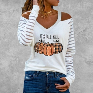 Cold shoulder long sleeve top with pumpkin prints and It's Fall Y'all text details