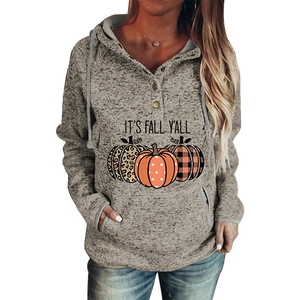 Women's fall grey hooded sweatshirt with festive pumpkins and It's Fall Y'all text