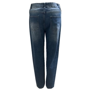 Women's dark blue distressed denim jeans with back pockets and a straight-leg fit