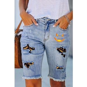 Women Casual Distressed Denim Shorts Halloween Pumpkin Smile Print Light Blue Ripped Raw Hem Mid Waist Jean Shorts