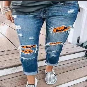 Women Halloween Ripped Denim Jeans Straight Leg Pumpkin Bat Patch Contrast Color Washed Long Streetwear Pants