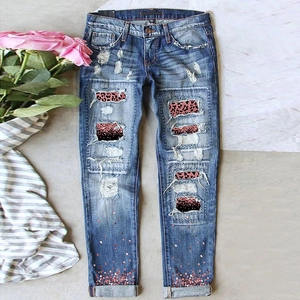 Women's Distressed Blue Denim Jeans With Leopard Print Patches And Sequins Fashion Ripped Washed Straight Leg Pants