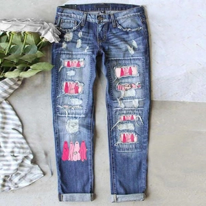 Jeans Femme Jambe Droite Déchiré Patch Fantôme Rose Denim Lavé Bleu Mode Streetwear Pantalon Taille Haute