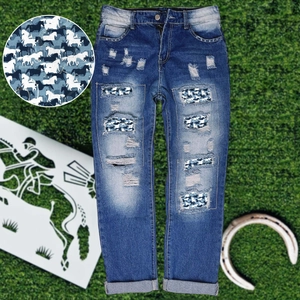 Women Vintage Washed Ripped Jeans With Horse Print Patches Camouflage Straight Leg Distressed Denim Pants Casual Equestrian Style