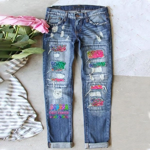 Women Distressed Ripped Jeans Colorful Sequin Patch Washed Denim Straight Leg Pants Ribbon Letter Printed Streetwear