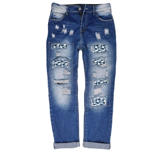 Women's dark blue distressed denim jeans with horse pattern patches and ripped details