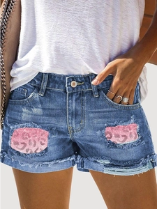 Short en Jean Déchiré Taille Haute Décontracté pour Femmes Patchwork Imprimé Léopard Rose Effet Délavé Bord Effiloché