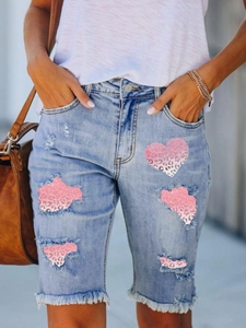 Women High Waist Distressed Denim Bermuda Shorts Leopard Heart Print Patch Ripped Straight Leg Frayed Hem Denim Shorts
