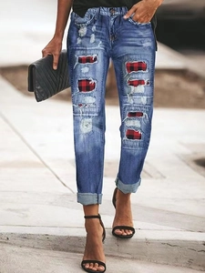 Women Ripped Patchwork Jeans Distressed Straight Leg Denim Pants Red Plaid Print Mid Waist Casual Streetwear Trousers