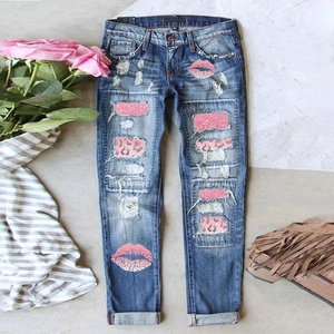Jean Décontracté pour Femme Effet Vieilli avec Écusson Léopard Rose et Imprimé Lèvres Pantalon en Denim Coupe Droite