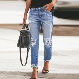 Women Ripped Denim Jeans Straight Leg Pants With Floral Patchwork Distressed Frayed Hem Casual Streetwear Jeans For Ladies
