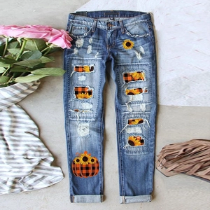 Damen Halloween Kürbis Sonnenblume Bedruckt Ripped Jeans Distressed Gerades Bein Denim Hose Blau Streetwear Casual Hose