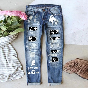 Halloween Ghost Print Ripped Denim Jeans For Women Retro Washed Straight Wide Leg Pants Gothic Streetwear Casual Trousers
