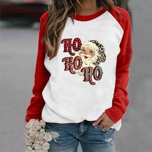 Women Christmas Santa Claus Print Raglan Long Sleeve T-Shirt Red White Contrast Color Round Neck Loose Casual Festive Top