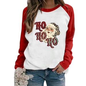 Women Christmas raglan sleeve top with Santa print and red checkered sleeves on white body