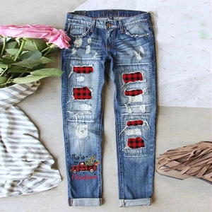Women Christmas Distressed Straight Leg Jeans Mid Waist Plaid Patch Ripped Denim Pants Truck Tree Print Holiday Trousers