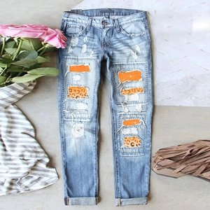 Jeans Femme Taille Haute Déchirés Avec Patch Imprimé Léopard Pantalon en Denim Coupe Droite Mode Streetwear