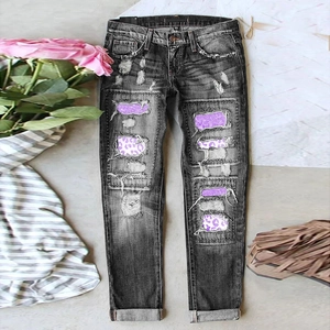 High Waisted Ripped Slim Jeans Purple Leopard Print Patchwork Distressed Denim Pants Washed Black Streetwear Long Trousers