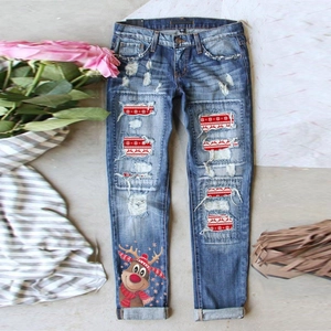 Women Christmas Ripped Jeans Reindeer Snowflake Print Loose Wide Leg Mid Waist Distressed Denim Pants Blue Washed Streetwear
