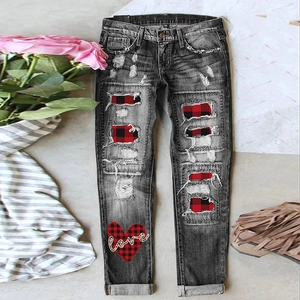 Women Casual Ripped Jeans Dark Gray Distressed Straight Leg Denim Pants With Heart Plaid Patch Valentine Gift