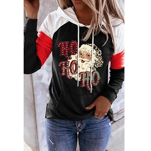 Sweat à Capuche Femme Noël Père Noël Lettre Imprimé Bloc de Couleur Manches Longues Cordon de Serrage Sweat-shirt Décontracté