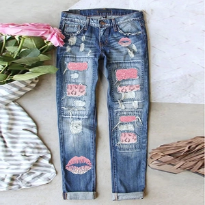 Jeans à Taille Haute Jambe Droite pour Femmes Pantalons en Denim Déchiré Imprimé Léopard Rose Lèvres Mode Saint Valentin