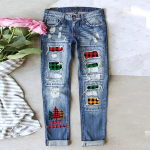 Jeans a Gamba Dritta da Donna di Natale Pantaloni in Denim Strappati Con Patchwork Buffalo Plaid e Stampa Albero di Natale