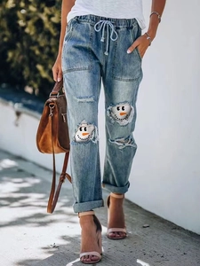 Jeans Coupe Droite Déchirés pour Femmes Imprimé Bonhomme de Neige Noël Taille Élastique à Cordon Pantalon Denim
