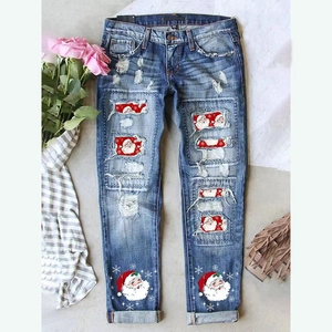 Pantaloni Jeans Strappati Natalizi da Donna con Stampa Babbo Natale Pantaloni in Denim a Gamba Dritta Casual Festivi Blu