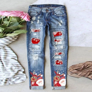 Jeans Femme Coupe Droite Déchiré Imprimé Noël Taille Haute Graphique Père Noël Renne Pantalon Denim Fête Décontracté