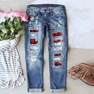 Women Casual Ripped Wide Leg Denim Jeans With Red Plaid Patchwork Mid Waist Distressed Washed Streetwear Pants For Women