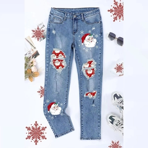 Jeans Strappati con Stampa Babbo Natale da Donna Pantaloni in Denim a Gamba Dritta Lavati e Invecchiati Natalizi Vacanze Fiocco di Neve Casual