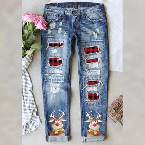Women Christmas Ripped Jeans Blue Washed Straight Leg Denim Pants With Red Plaid And Reindeer Print For Holiday Party