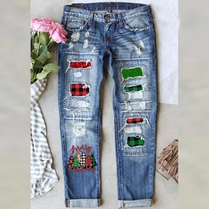 Jeans Déchirés de Noël pour Femmes Jambe Droite Denim Délavé Avec Patchs à Paillettes Plaid Pantalon Imprimé Streetwear