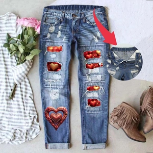 Jeans Déchirés Imprimé Cœur de la Saint-Valentin pour Femmes Décontracté Taille Moyenne Taille Élastique Denim Jambe Droite