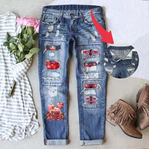 Women's Valentine's Day Printed Ripped Jeans Straight Leg Elastic Waist Distressed Cotton Denim Pants Heart Rose Print