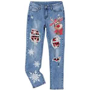Women's blue denim jeans with Christmas reindeer print, snowflakes and plaid ripped patches
