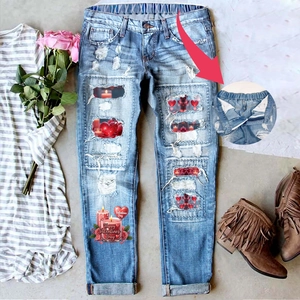 Women's light blue distressed jeans with Valentine's Day print and elastic waist