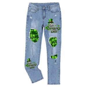 Light blue ripped jeans with St. Patrick's Day clover prints and green shamrock patterns