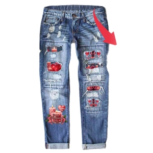 Women's light blue ripped straight jeans with Valentine's Day heart prints and elastic waist