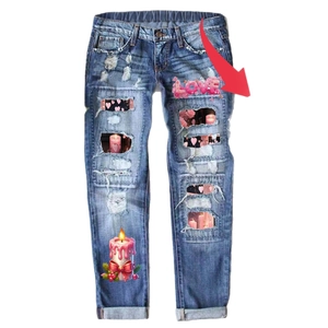 Blue distressed ripped jeans with heart love pattern prints and elastic waist design