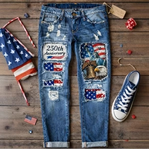 Jean Droit Déchiré Rétro pour Femme avec Patchs Drapeau Américain Pantalon en Denim de Coton Usé pour le Style Streetwear