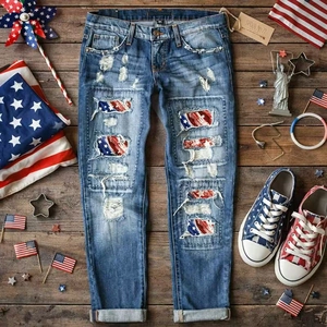 Women American Flag Print Ripped Distressed Jeans Straight Leg Dark Blue Washed Denim Pants Retro Streetwear Trousers