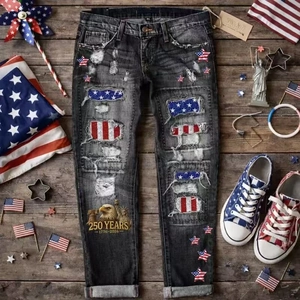 Pantaloni Lunghi in Jeans Denim Strappati a Gamba Dritta Grigio Scuro da Donna con Stampa Aquila e Patchwork Stelle per 250 Anniversario USA