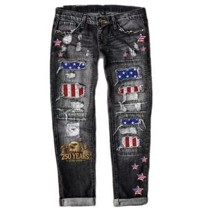 Jeans neri invecchiati con toppe bandiera USA e grafica con aquila stampata