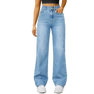 Women high waisted light blue washed denim jeans with a wide leg straight fit